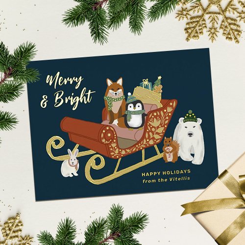 Modern Cute Animal Friends and Sleigh Christmas  Foil Holiday Postcard