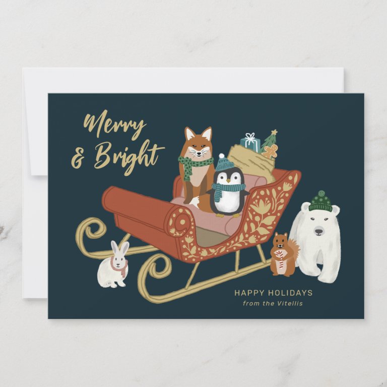 Modern Cute Animal Friends and Sleigh Christmas Holiday Card