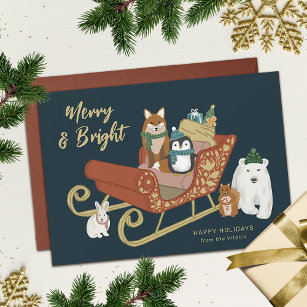 Modern Cute Animal Friends and Sleigh Christmas  Holiday Card