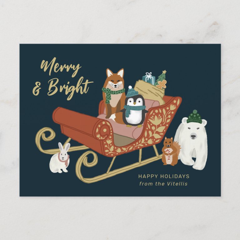 Modern Cute Animal Friends and Sleigh Christmas Holiday Postcard