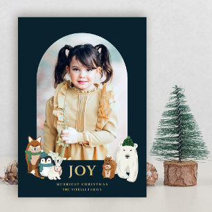 Modern Cute Animals Arch Photo Christmas Navy Holiday Card