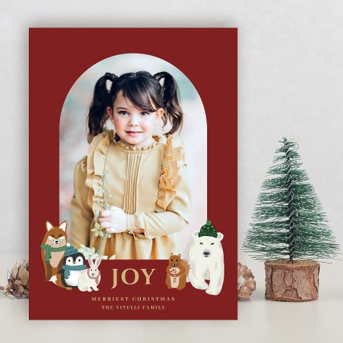 Modern Cute Animals Arch Photo Christmas  Red Holiday Card