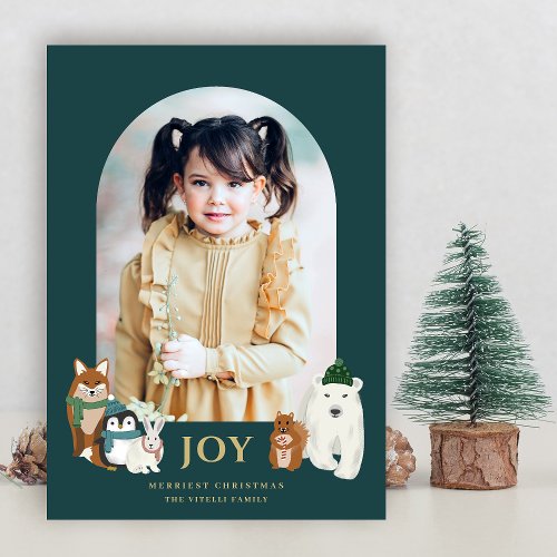 Modern Cute Animals Arch Photo Christmas  Teal Holiday Card