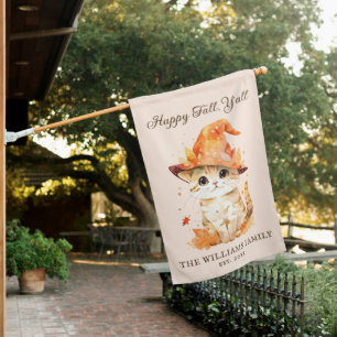 Modern Cute Autumn Fall Cat Personalized Est date House Flag