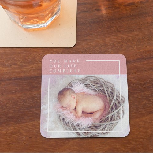 Modern Cute Baby Photo  Pink  White  Quote  Glass Coaster