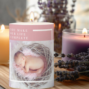Modern Cute Baby Photo Pink & White Quote Pillar Candle