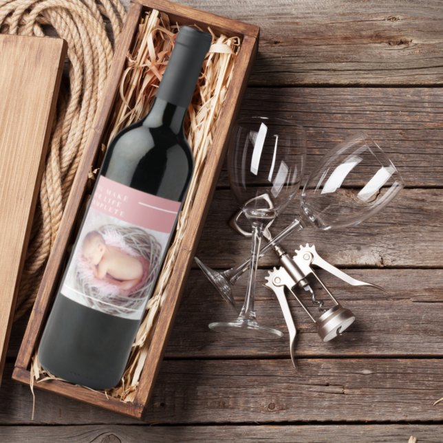 Modern Cute Baby Photo | Pink & White | Quote  Wine Label (Creator Uploaded)