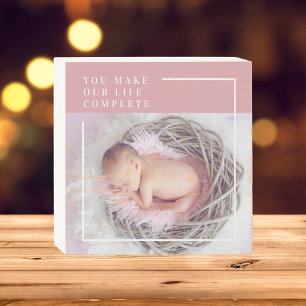 Modern Cute Baby Photo   Pink & White   Quote  Wooden Box Sign