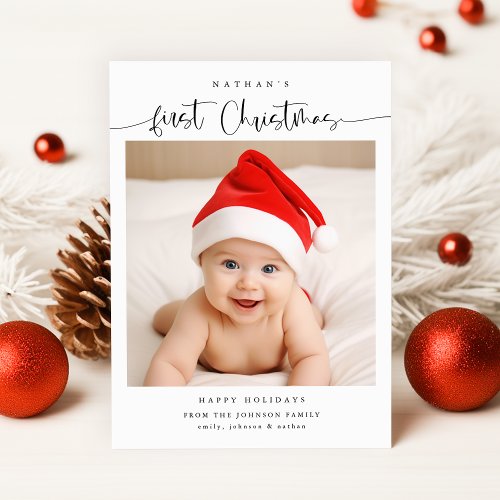 Modern Cute Babys First Christmas Photo Holiday Card