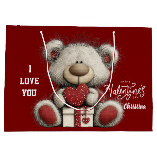 Modern Cute Bear Happy Valentines Day Name  Large Gift Bag