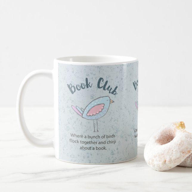 Modern Cute Bird Book Club Reading Funny  Blue Coffee Mug (With Donut)