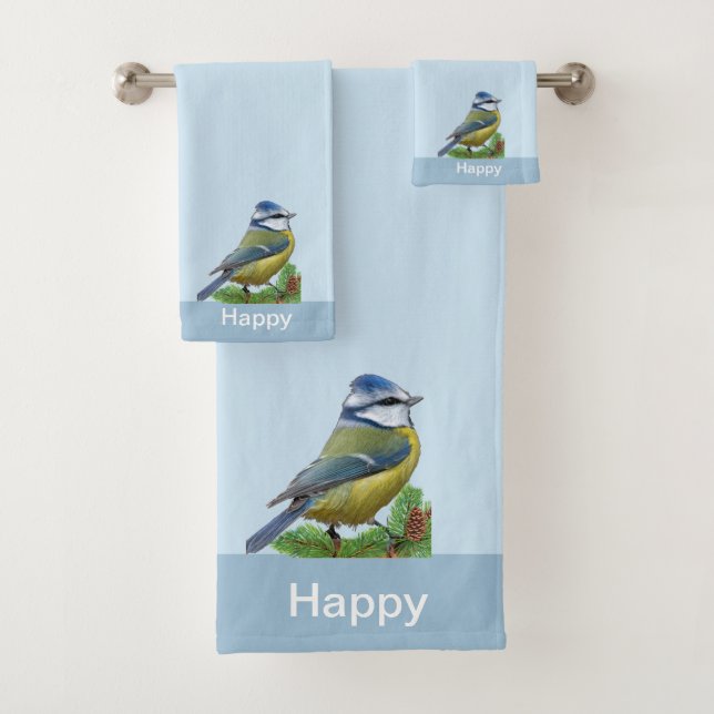 Modern Cute Bird on Light Blue Bath Towel Set (Insitu)