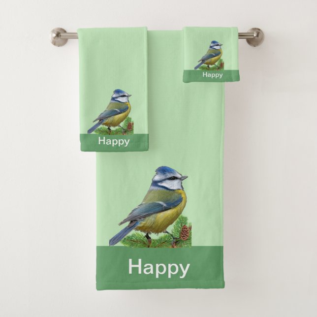 Modern Cute Bird on Light Green Bath Towel Set (Insitu)