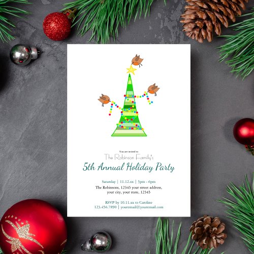 Modern Cute Birds Simple Christmas Tree Invitation