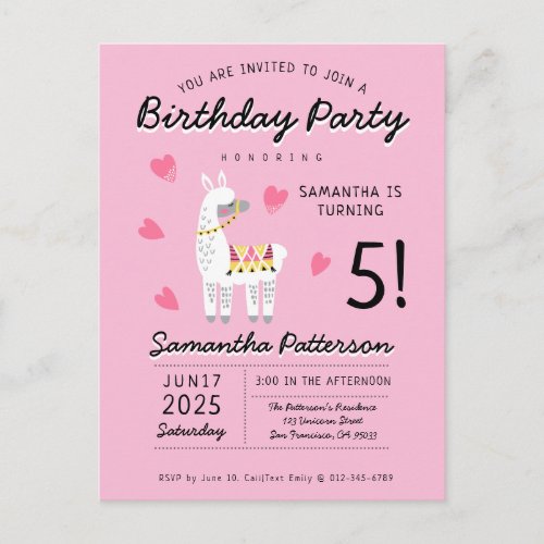 Modern Cute Birthday Party Llama Postcard