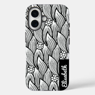 Modern Cute Black And White Hippie Daisy Floral iPhone 16 Case