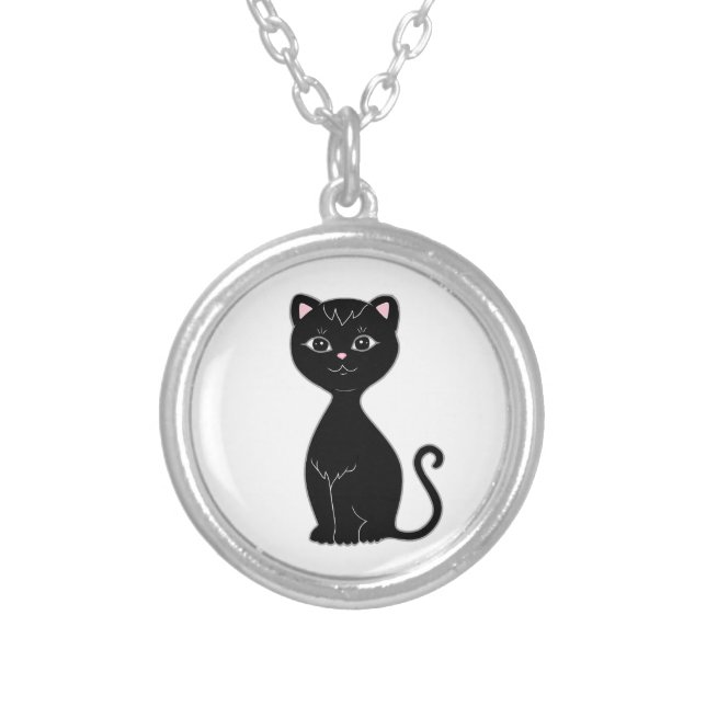 Modern Cute Black Cat  Silver Plated Necklace (Front)