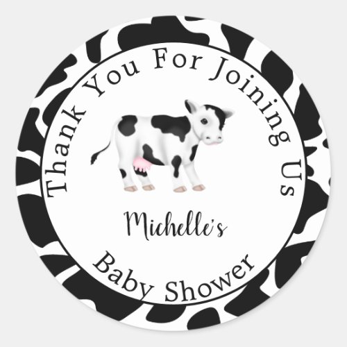 Modern Cute Black White Cow Print Baby Shower   Classic Round Sticker