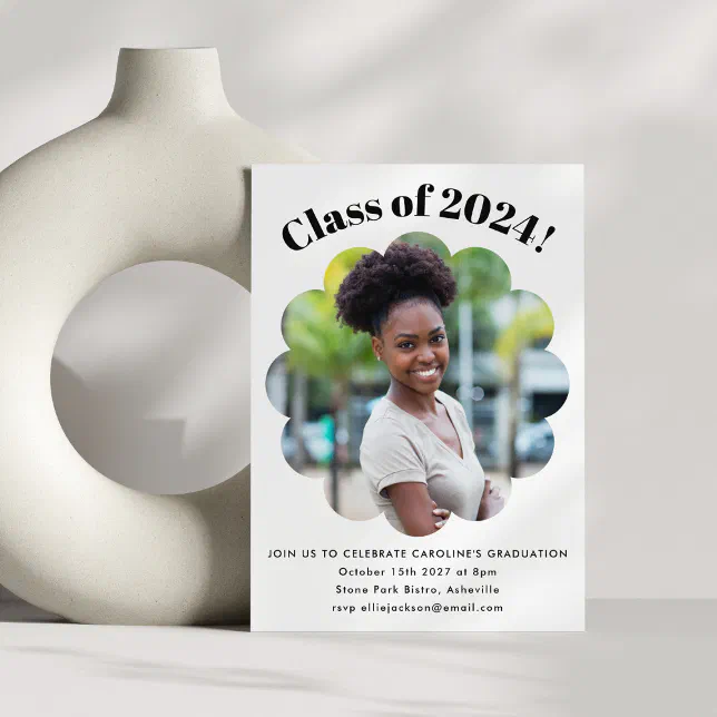 Modern Cute Black White Graduation Party Photo Invitation | Zazzle
