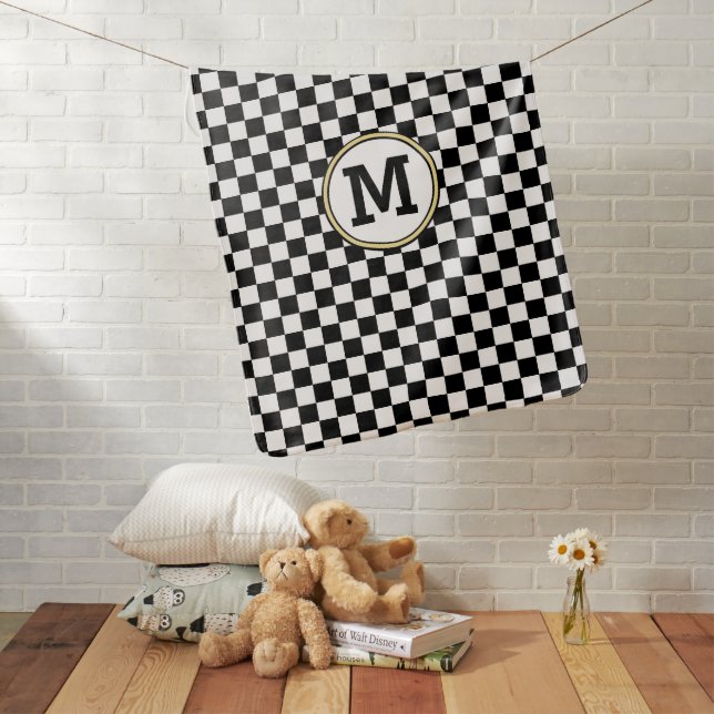 Modern Cute Black White Racing Monogram Kids Boy Receiving Blanket (In Situ)