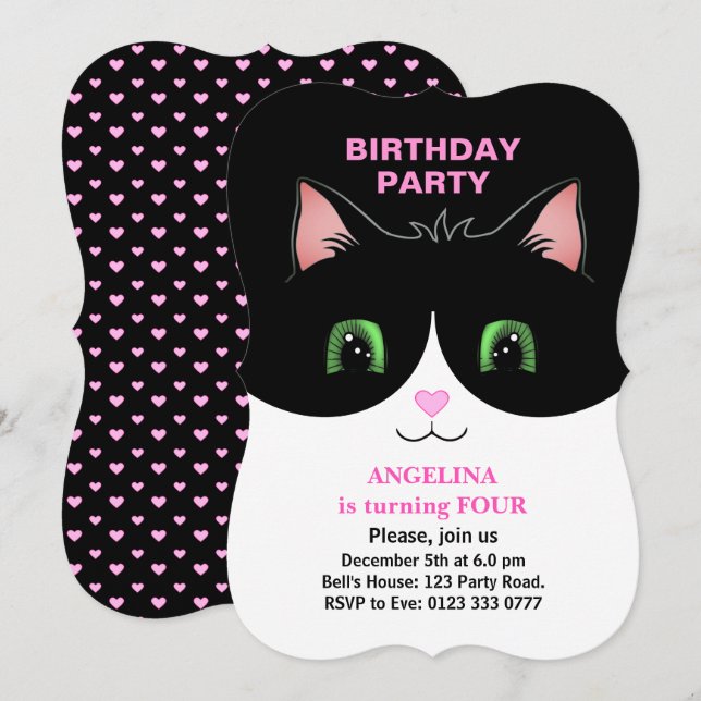 Modern Cute Black White Tuxedo Cat Invitation (Front/Back)
