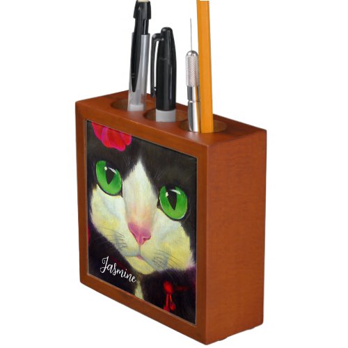 Modern Cute Black White Tuxedo Cat Pet Name Script Desk Organizer