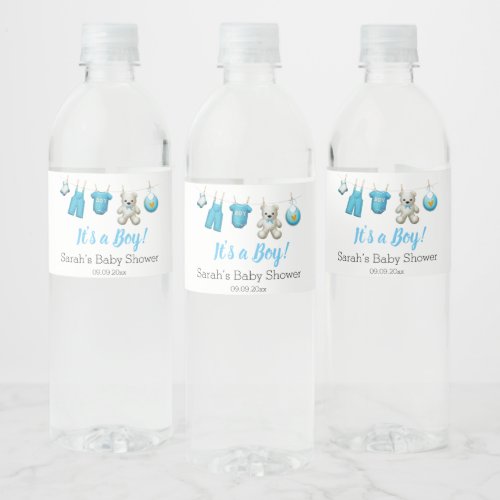 Modern Cute Blue Boy Baby Shower Water Bottle Label