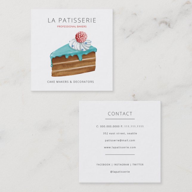 Modern Cute Blue Cheesecake Bakery Pastry Chef Square Business Card (Front/Back)