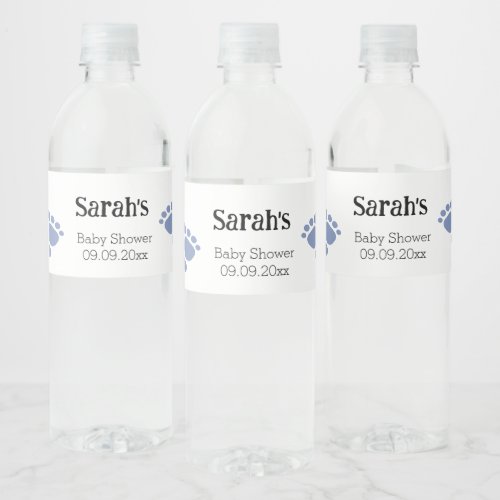 Modern Cute Blue Footprint Baby Shower Custom   Water Bottle Label