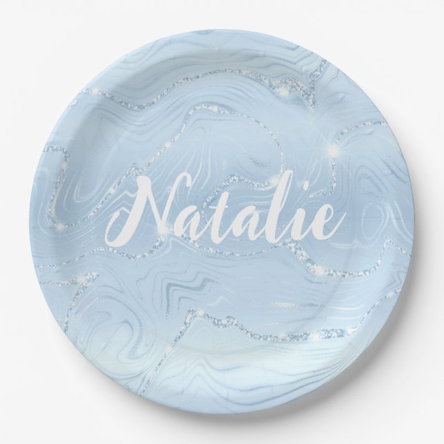Modern Cute Blue Glitter Marble Personalized Name  Paper Plates (Front)