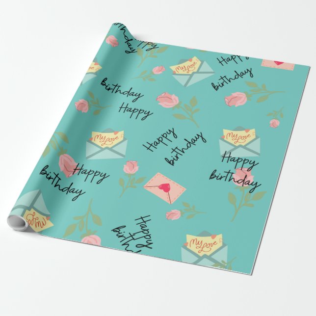 Modern Cute blue Happy birthday  Wrapping Paper (Unrolled)