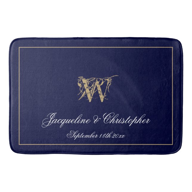 Modern Cute Blue Monogram Names Newlywed Wedding Bath Mat (Front)