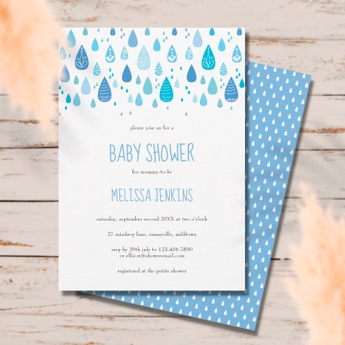 Modern Cute Blue Raindrops Baby Boy Shower  Invitation