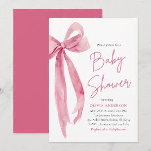 Modern Cute Blush Pink Bow Baby Shower Invitation
