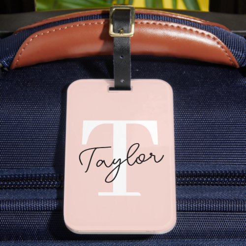 Modern Cute Blush Pink Monogram Name Girly Script Luggage Tag