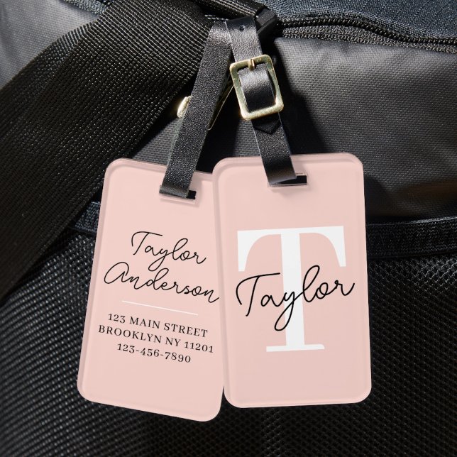 Modern Cute Blush Pink Monogram Name Girly Script Luggage Tag (Creator Uploaded)