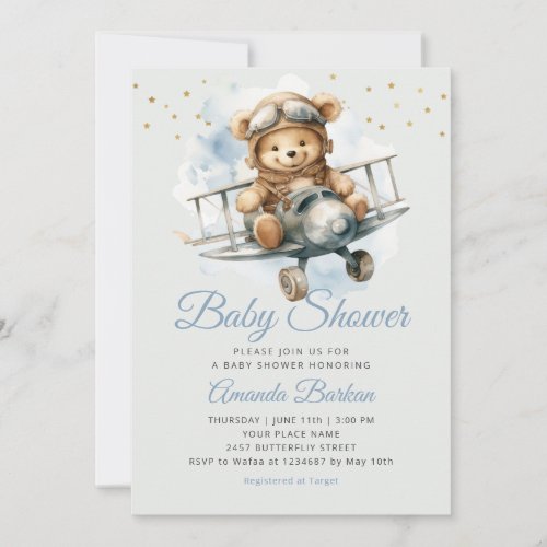 Modern Cute Boho Blue teddy bear boy baby shower Invitation