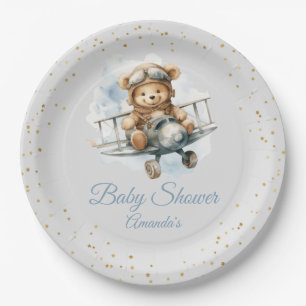 Modern cute Boho Blue Teddy Bear Boy baby shower Paper Plates