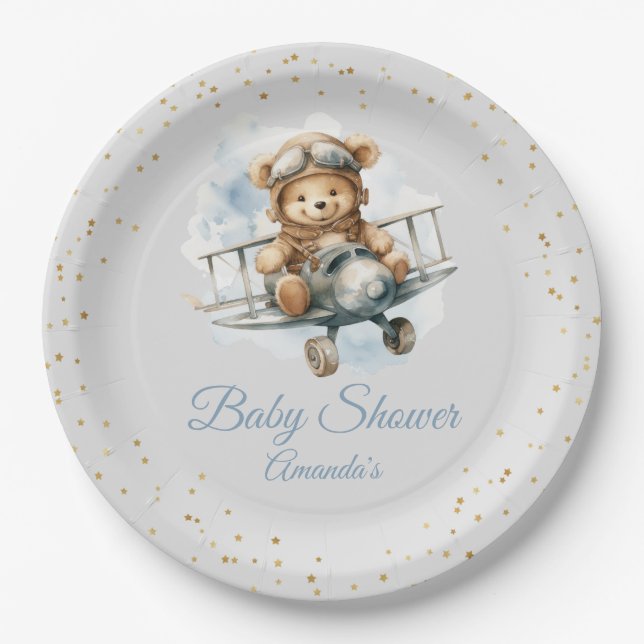Modern cute Boho Blue Teddy Bear Boy baby shower  Paper Plates (Front)