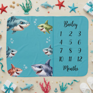 Modern Cute Boy Blue Shark Milestone Baby Blanket