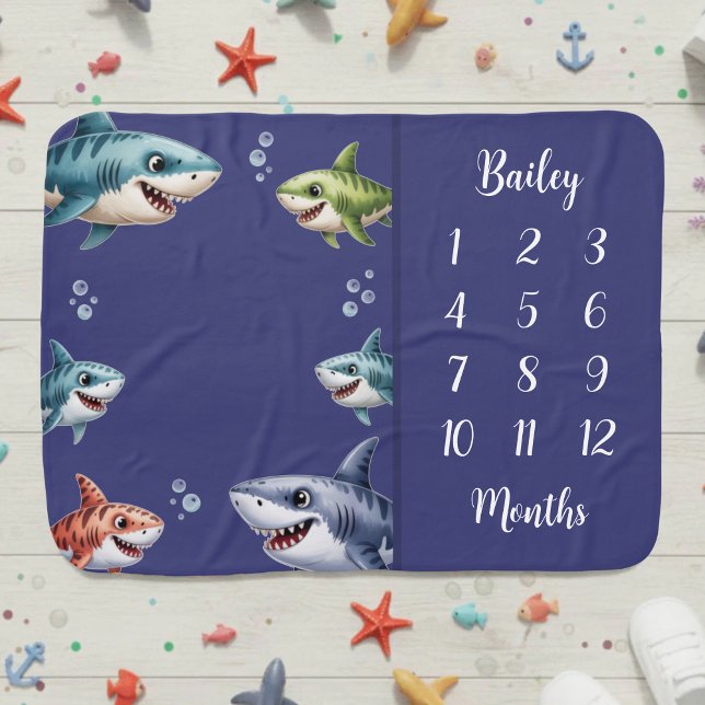 Modern Cute Boy Blue Shark Milestone Baby Blanket (Creator Uploaded)