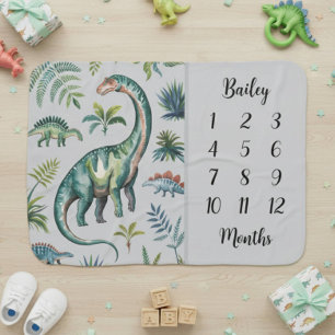 Modern Cute Boy Dinosaur Milestone Baby Blanket