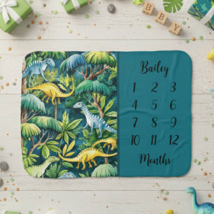 Modern Cute Boy Dinosaur Milestone Baby Blanket