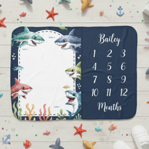 Modern Cute Boy Sea Creature Shark Milestone Baby Blanket