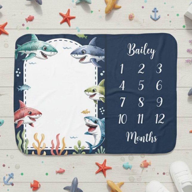 Modern Cute Boy Sea Creature Shark Milestone Baby Blanket (Creator Uploaded)