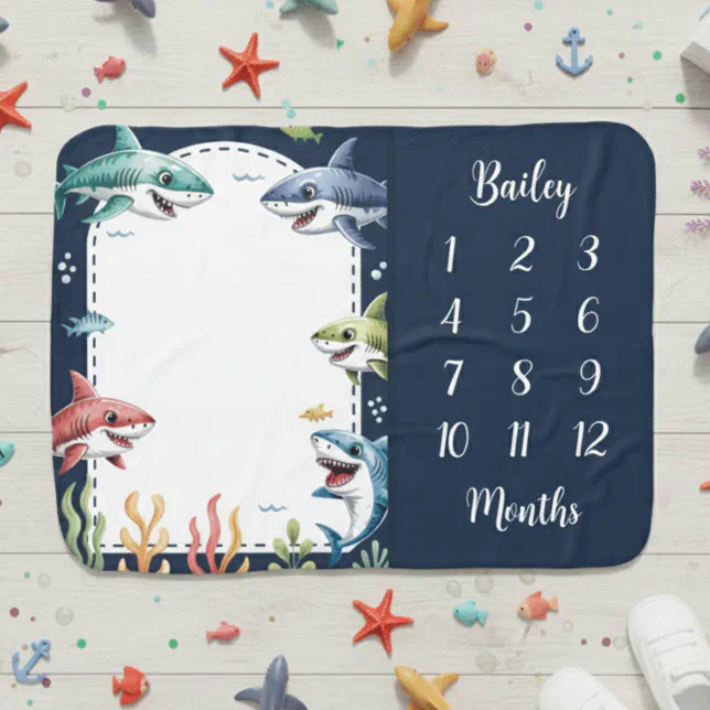Modern Cute Boy Sea Creature Shark Milestone Baby Blanket | Zazzle