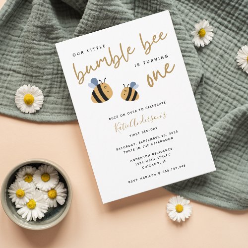 Modern Cute Bumblebee First Birthday Invitation