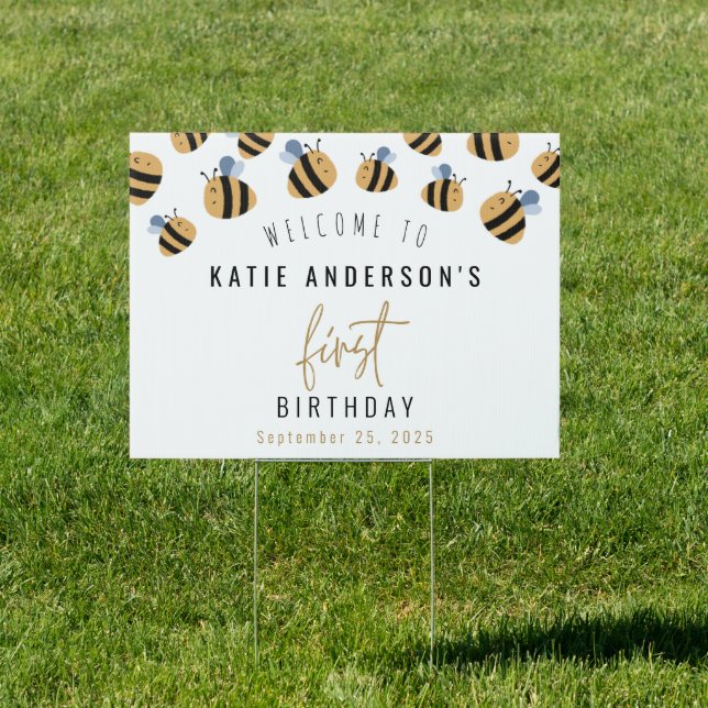 Modern Cute Bumblebee First Birthday Welcome Sign (Insitu)