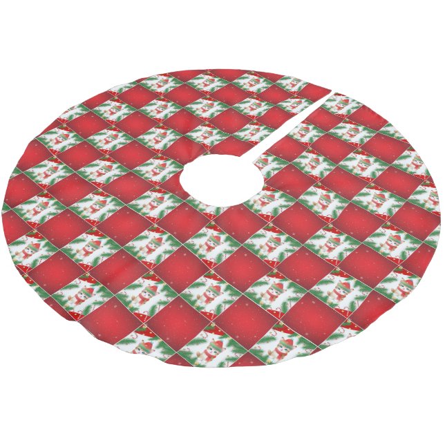 Modern Cute cat Santa Xmas Holly checker Pattern Brushed Polyester Tree Skirt (Angled)