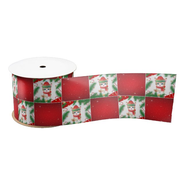 Modern Cute cat Santa Xmas Holly checker Pattern Satin Ribbon (Spool)